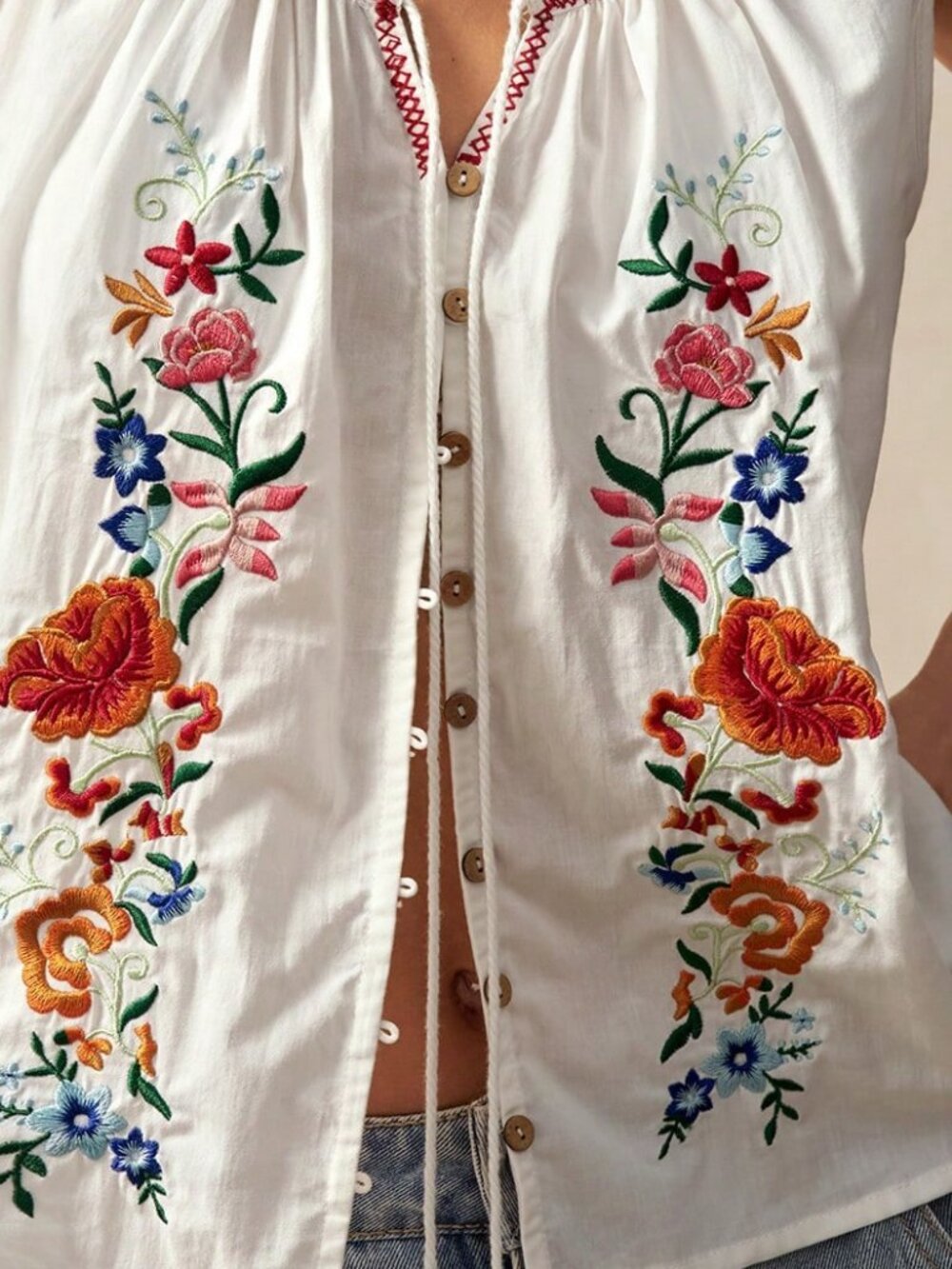 White Boho Women's Casual Woven Embroidered Sleeveless Loose Tank Top - Picture 7 of 8